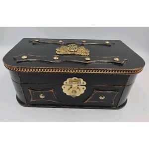 Vintage Ornate Black And Gold Wooden Box Lions  AND Crest Red Velvet Jewelry Box